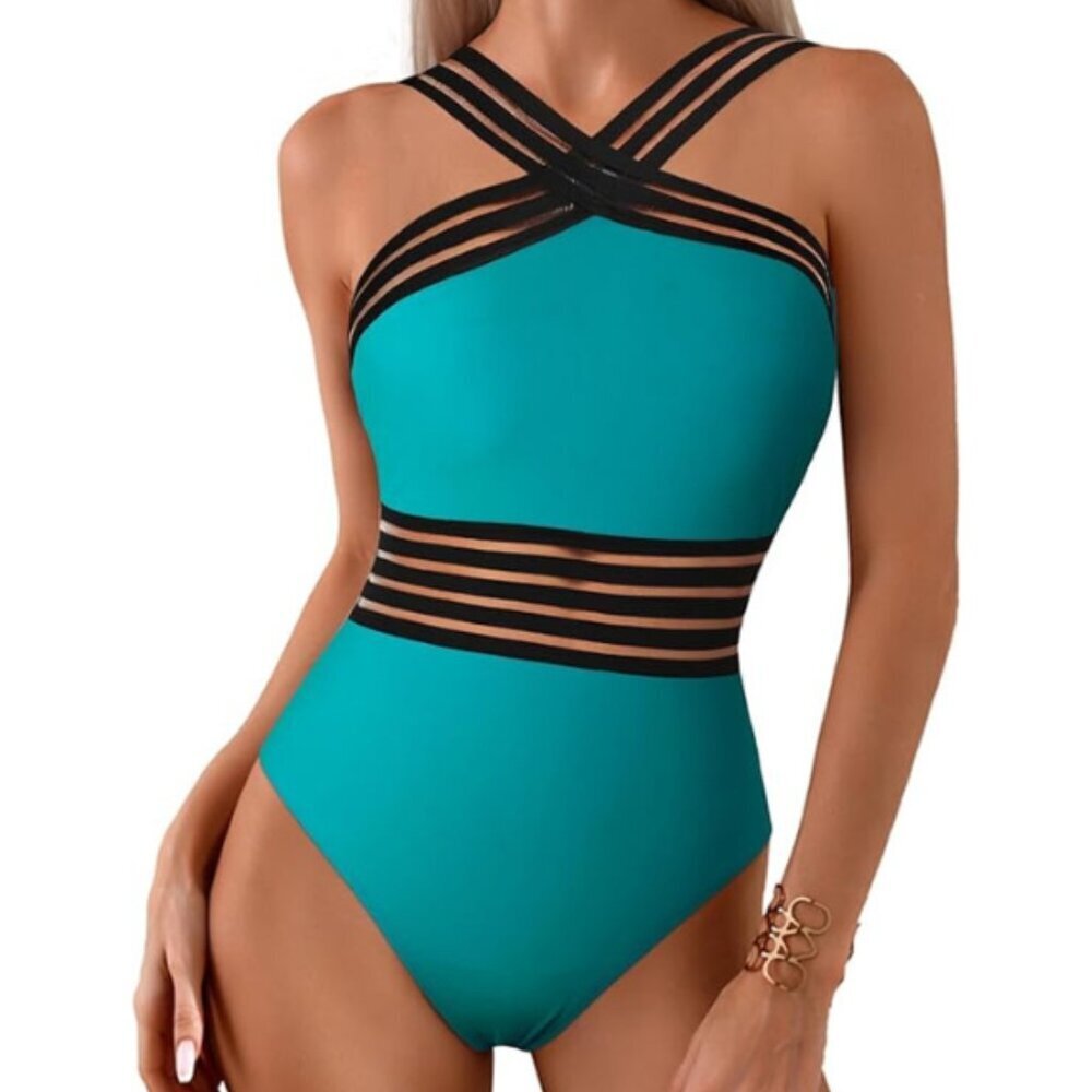 Boutique Tummy Control One Piece Swimsuit Front Crossover Mesh See Through XXL